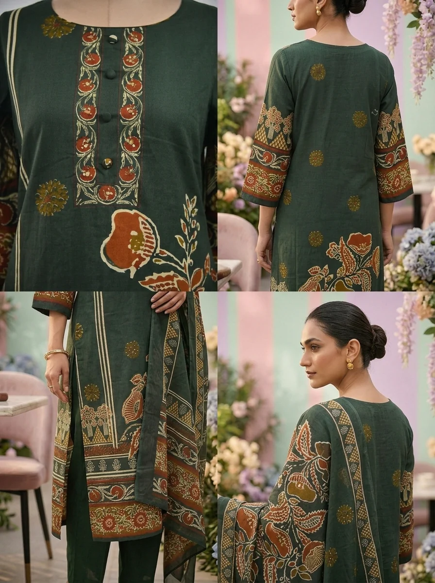 Green Cotton Floral Printed Three Piece Set - Image 3