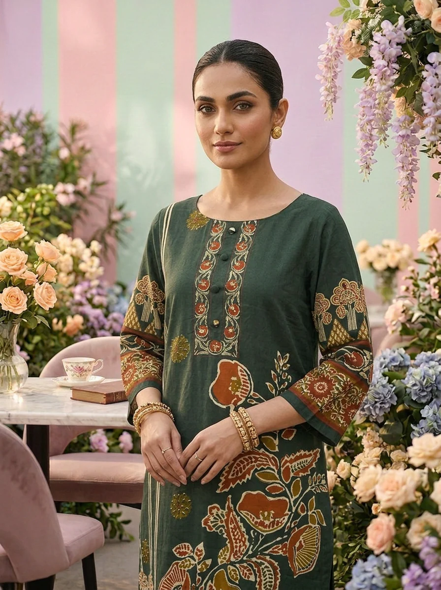 Green Cotton Floral Printed Three Piece Set - Image 5