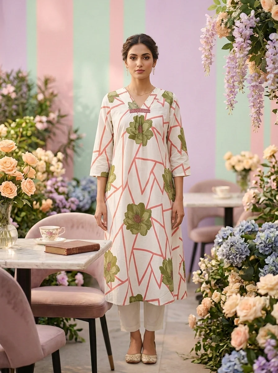 Green Cotton Floral Printed Two Piece Set