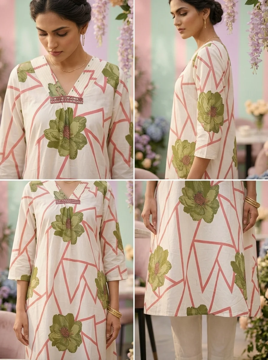 Green Cotton Floral Printed Two Piece Set - Image 3