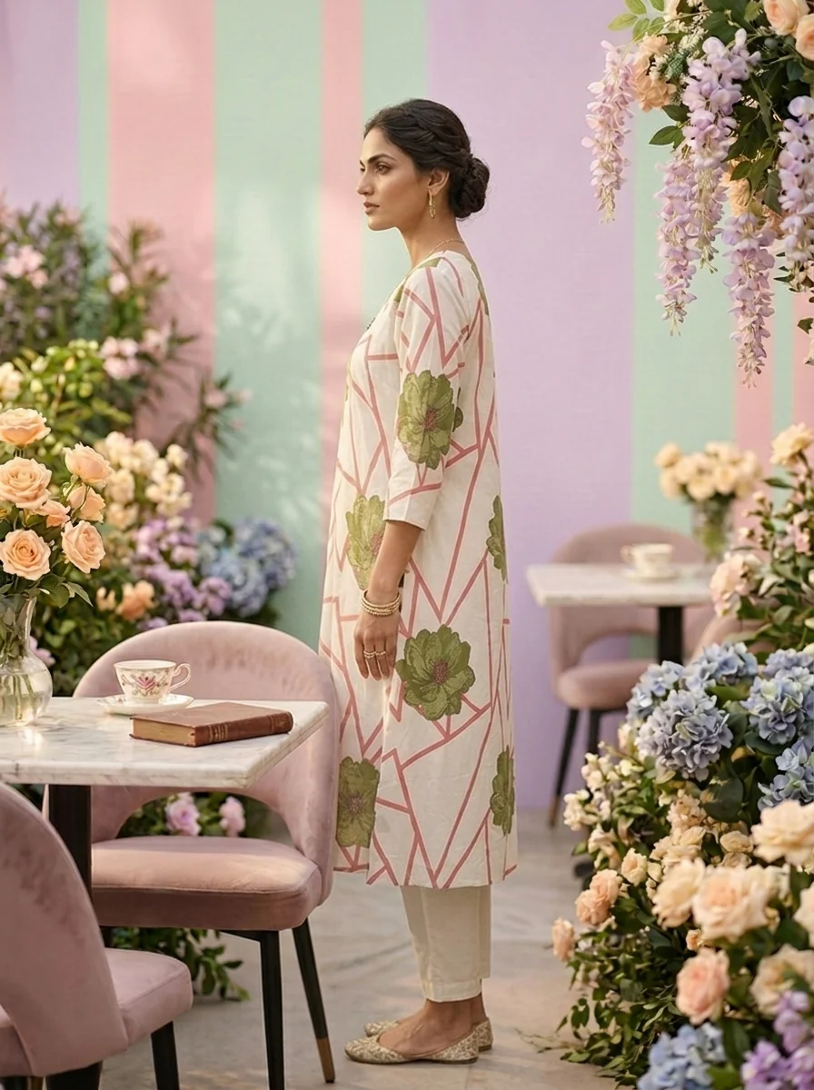 Green Cotton Floral Printed Two Piece Set - Image 4