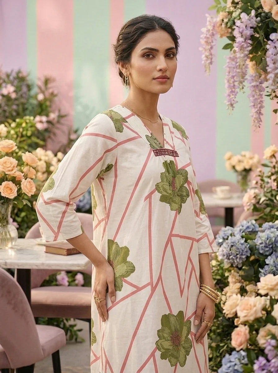 Green Cotton Floral Printed Two Piece Set - Image 5