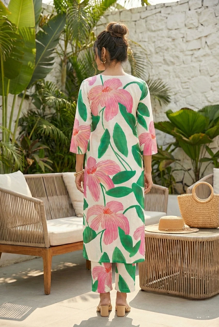 Green Cotton Floral Printed Two Piece Set - Image 3