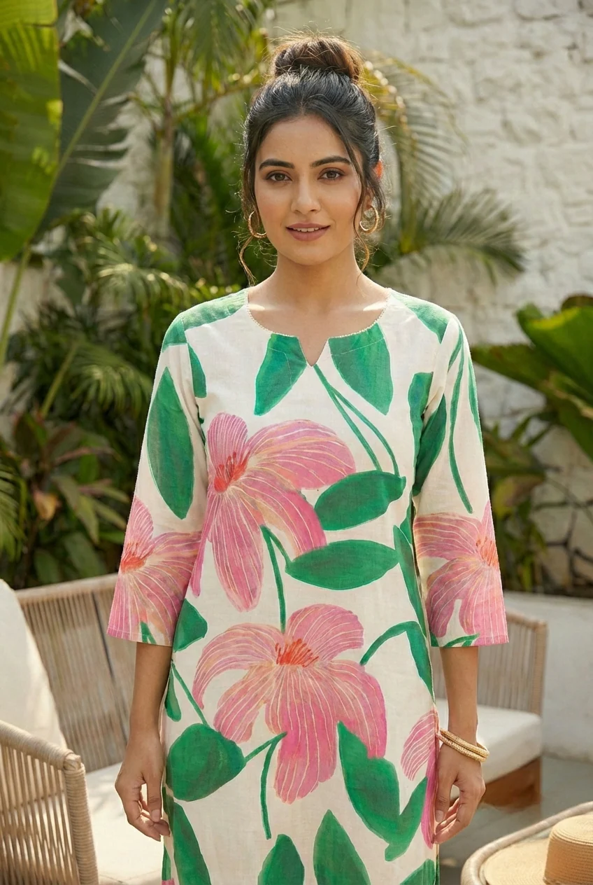 Green Cotton Floral Printed Two Piece Set - Image 4