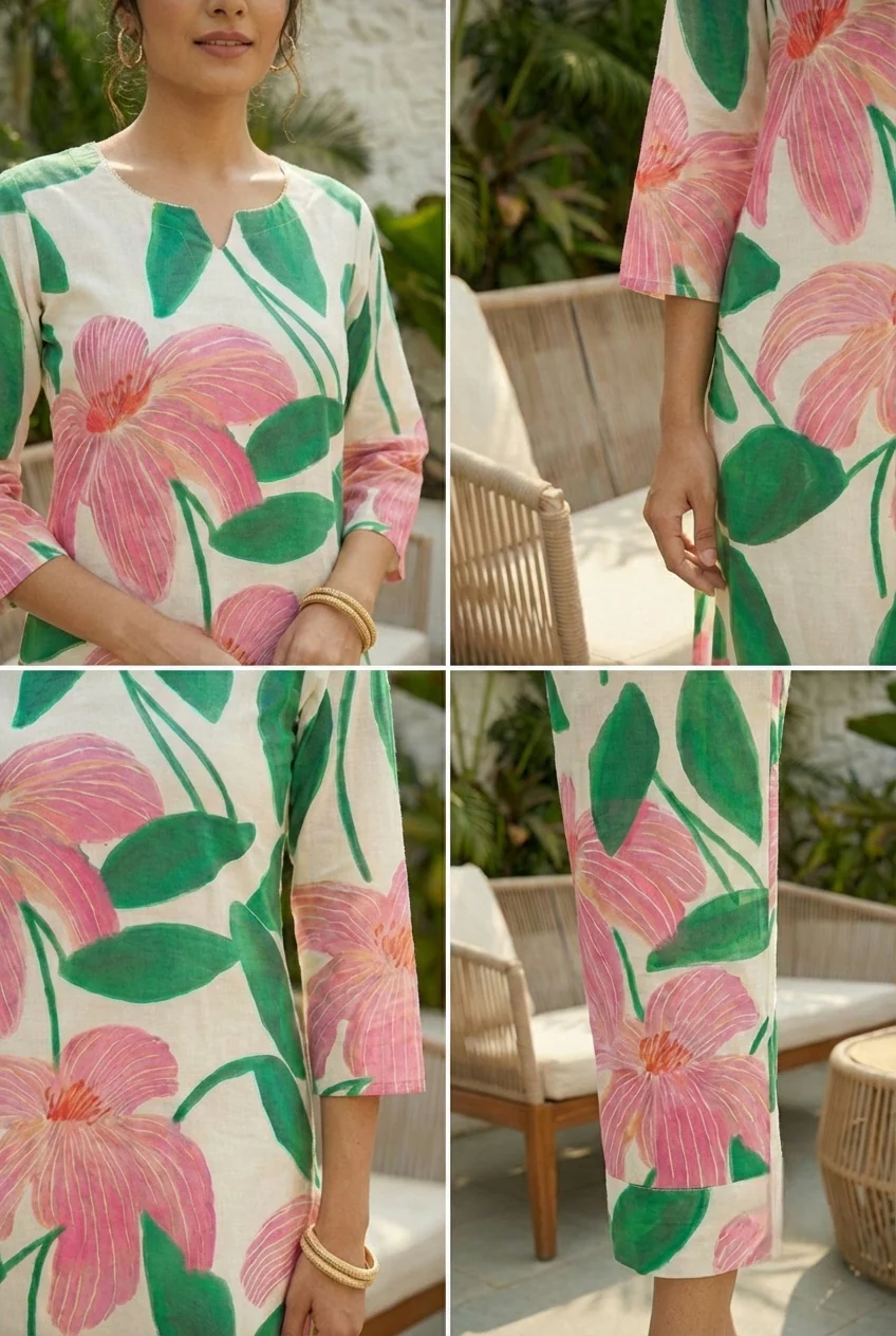 Green Cotton Floral Printed Two Piece Set - Image 5