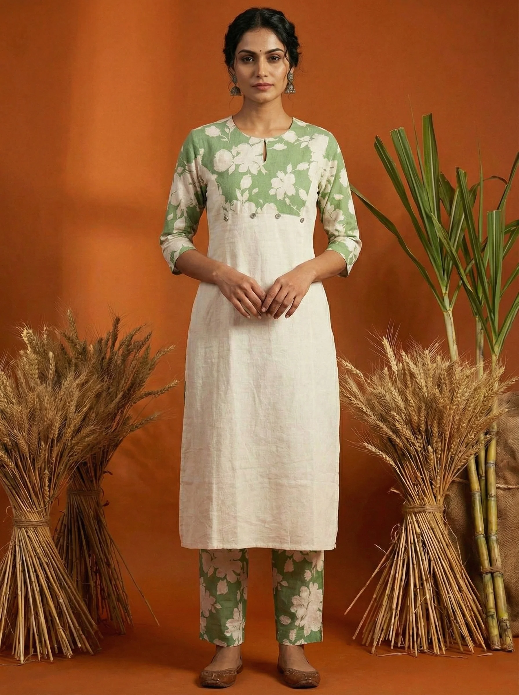 Green Cotton Floral Two Piece Set