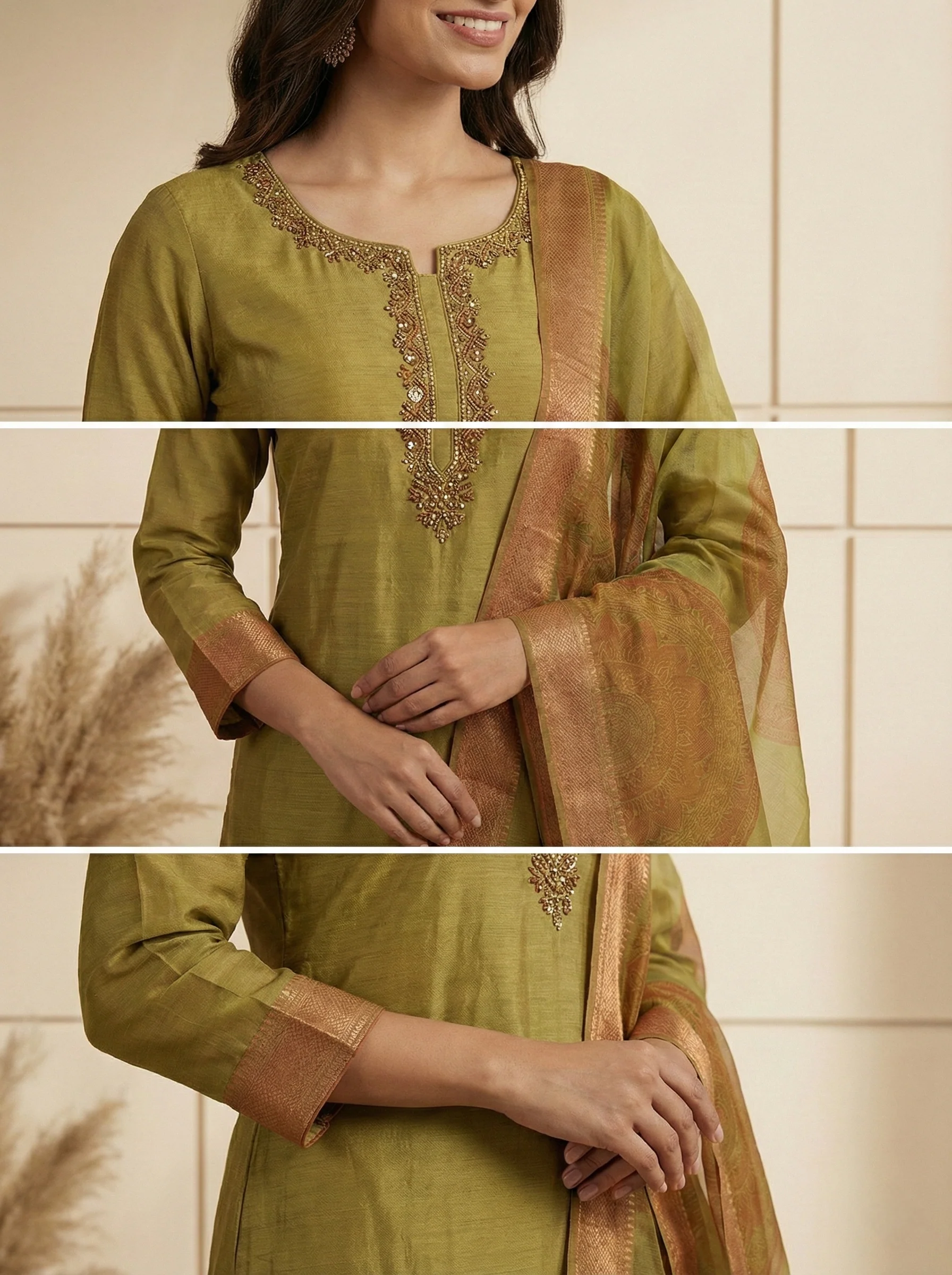 Variyali Green Tissue Printed Three Piece Set - Image 3