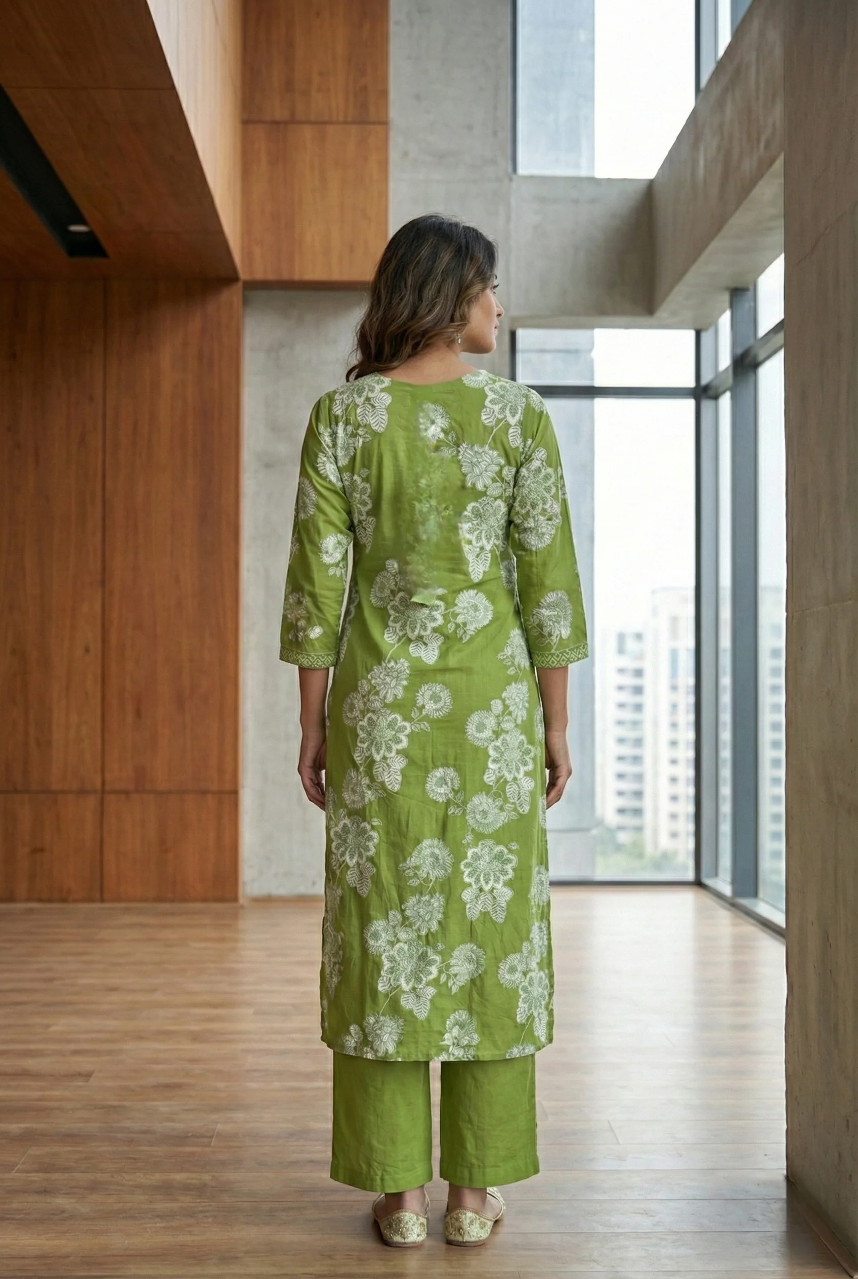 Green Cotton Thread Embroidery And Floral Printed Three Piece Set - Image 3