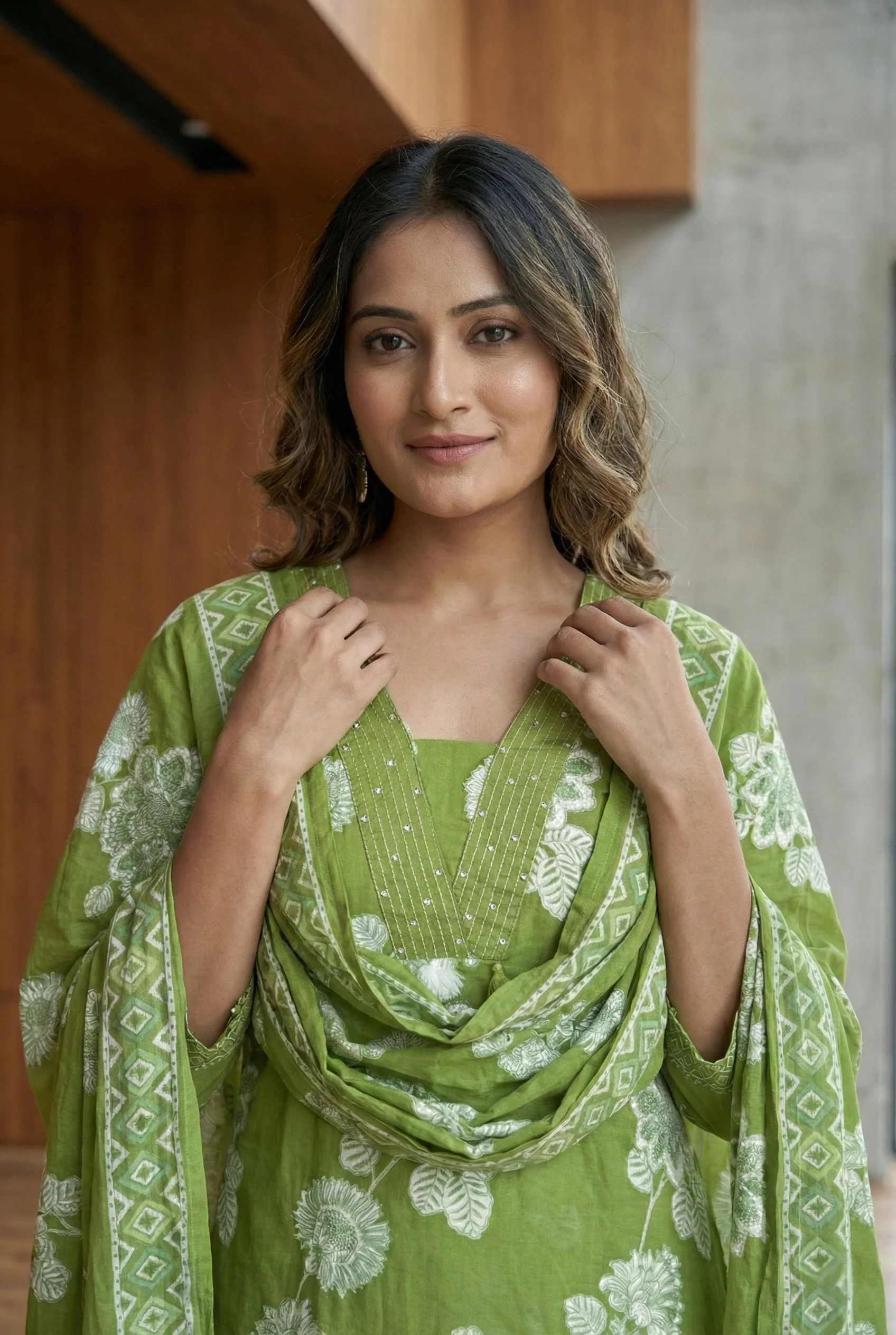 Green Cotton Thread Embroidery And Floral Printed Three Piece Set - Image 4