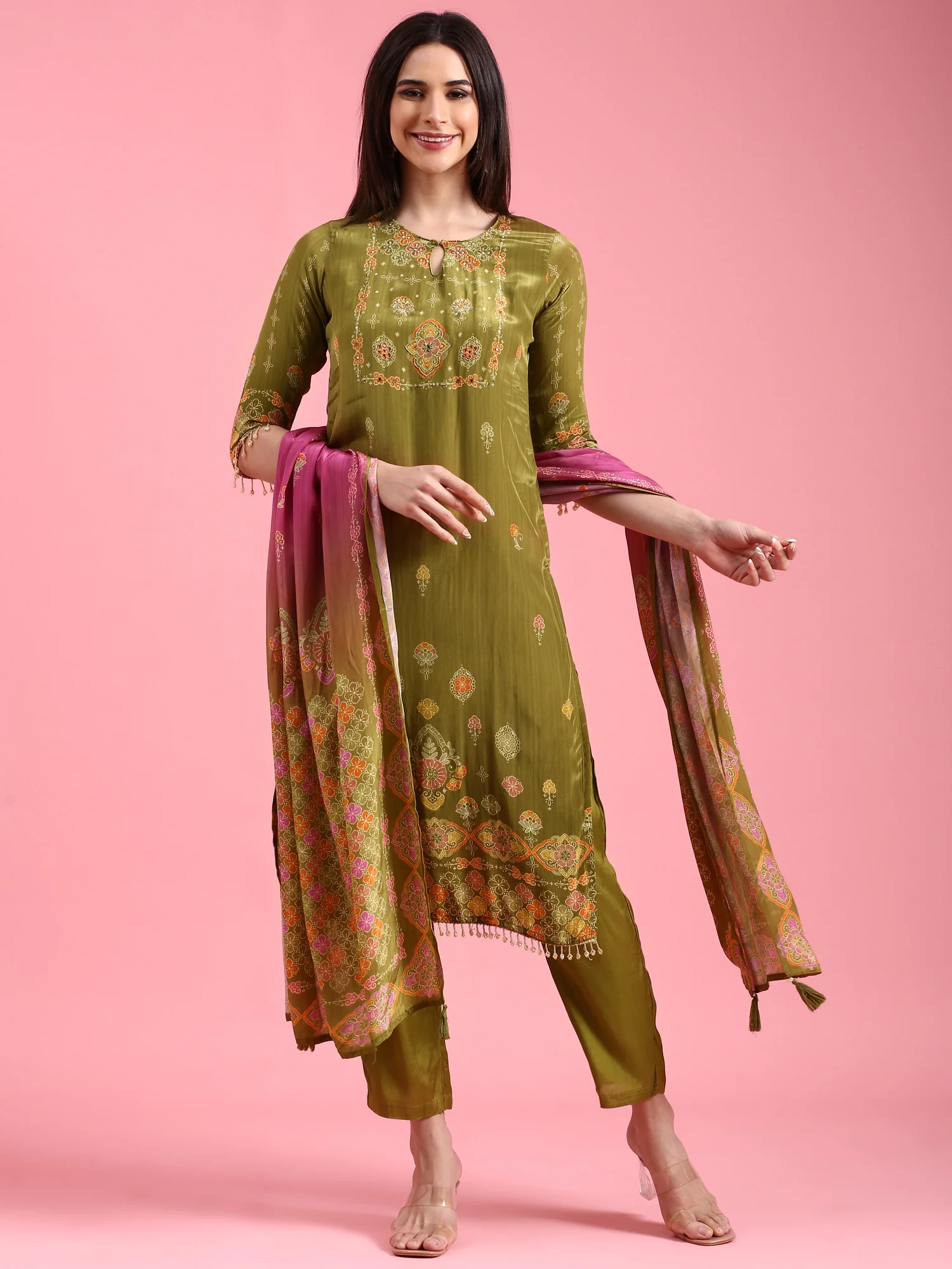 Green Crepe Printed Three Piece Suit Set - Image 2