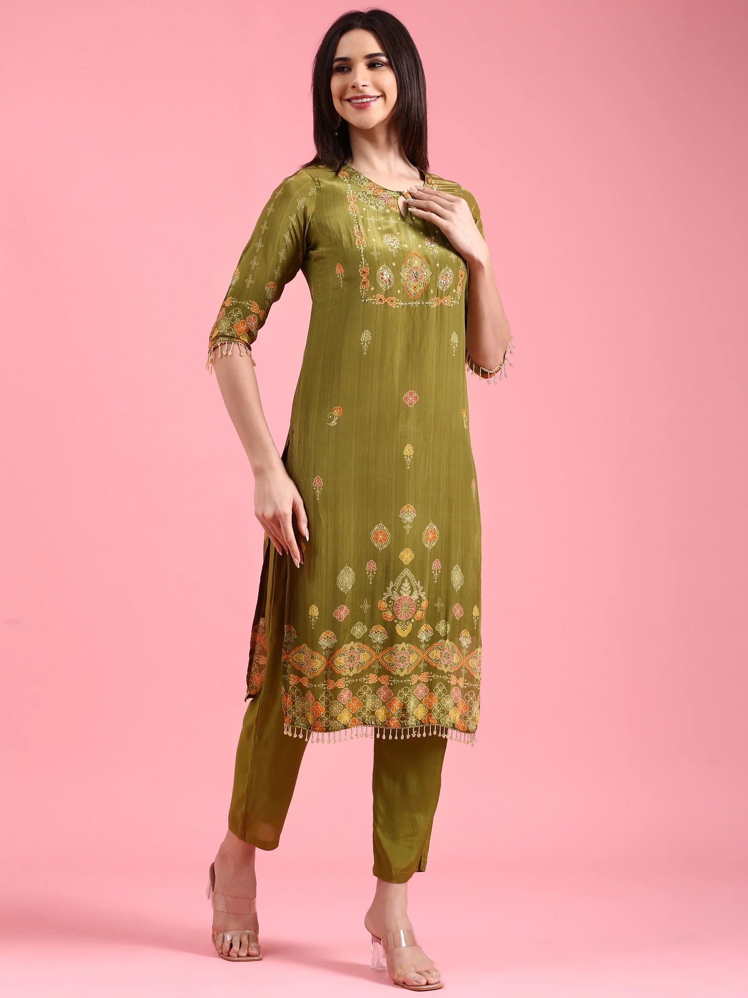 Green Crepe Printed Three Piece Suit Set - Image 3