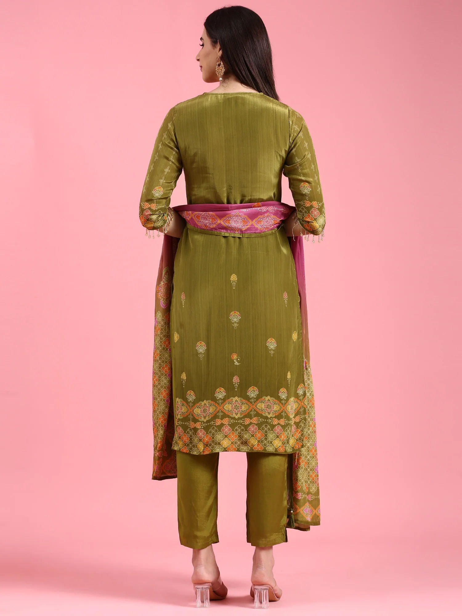 Green Crepe Printed Three Piece Suit Set - Image 4