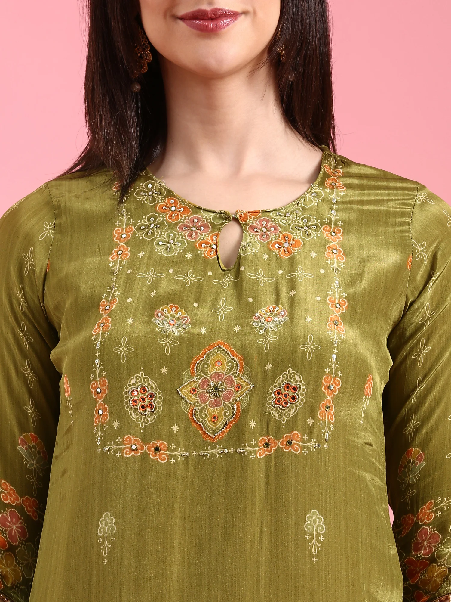 Green Crepe Printed Three Piece Suit Set - Image 5