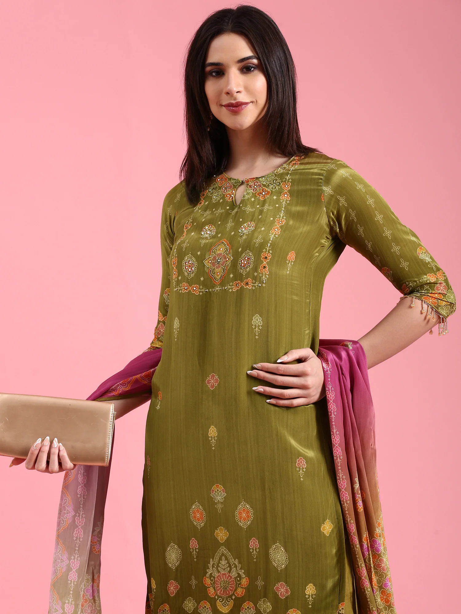 Green Crepe Printed Three Piece Suit Set - Image 6