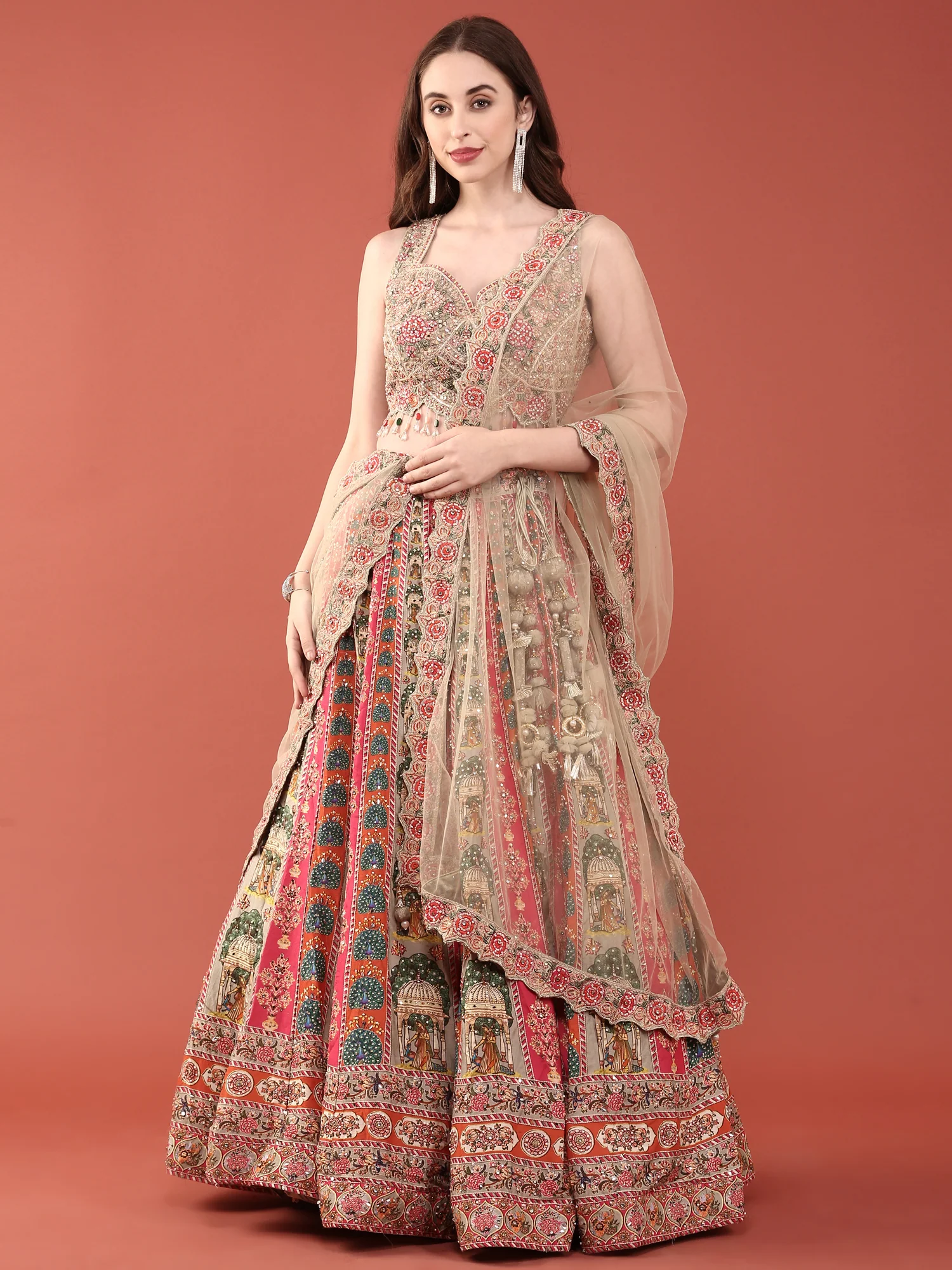Green Crepe With Digital Print And Thread Work Ghagra Set - Image 2