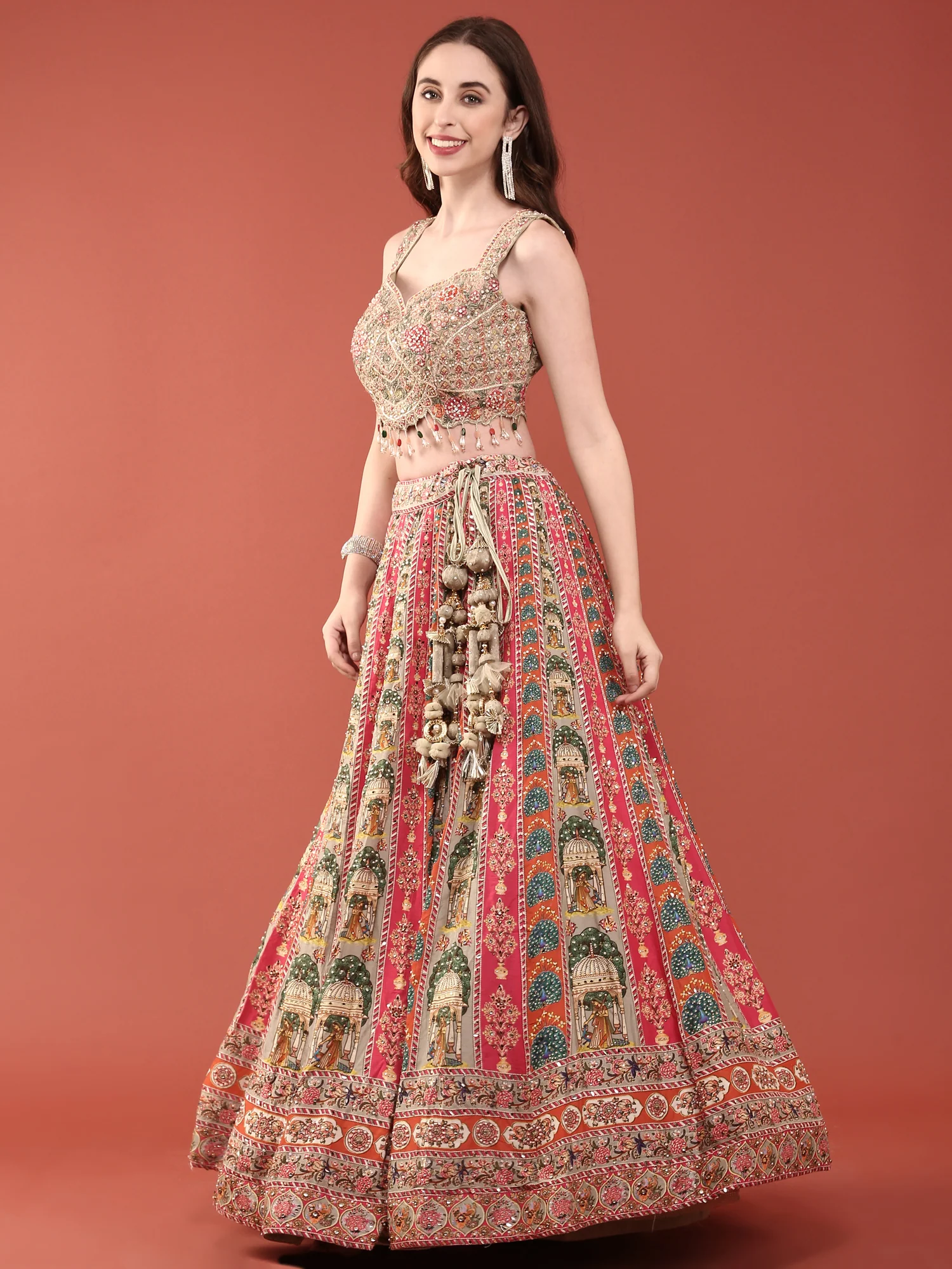 Green Crepe With Digital Print And Thread Work Ghagra Set - Image 3