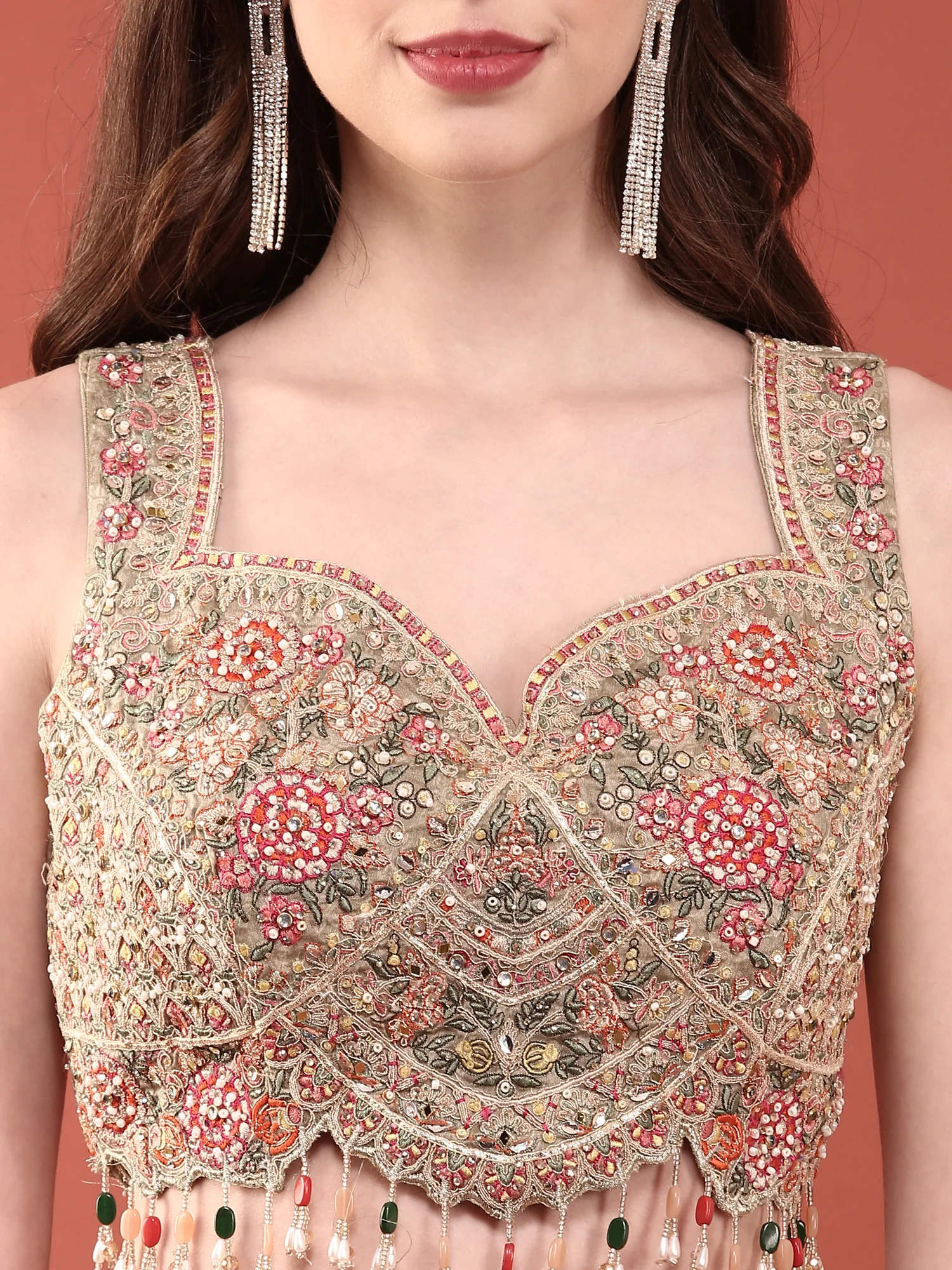 Green Crepe With Digital Print And Thread Work Ghagra Set - Image 5