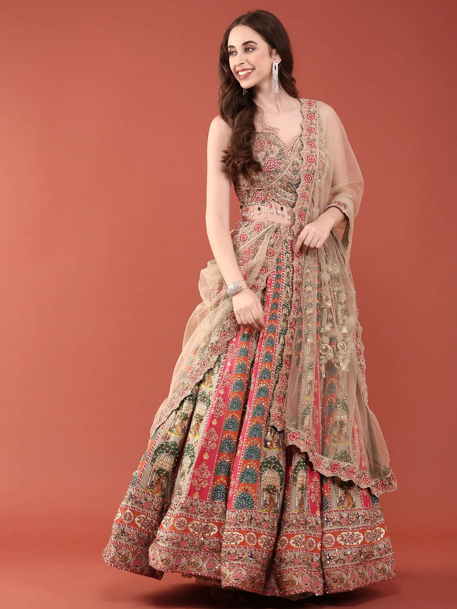 Green Crepe With Digital Print And Thread Work Ghagra Set - Image 7