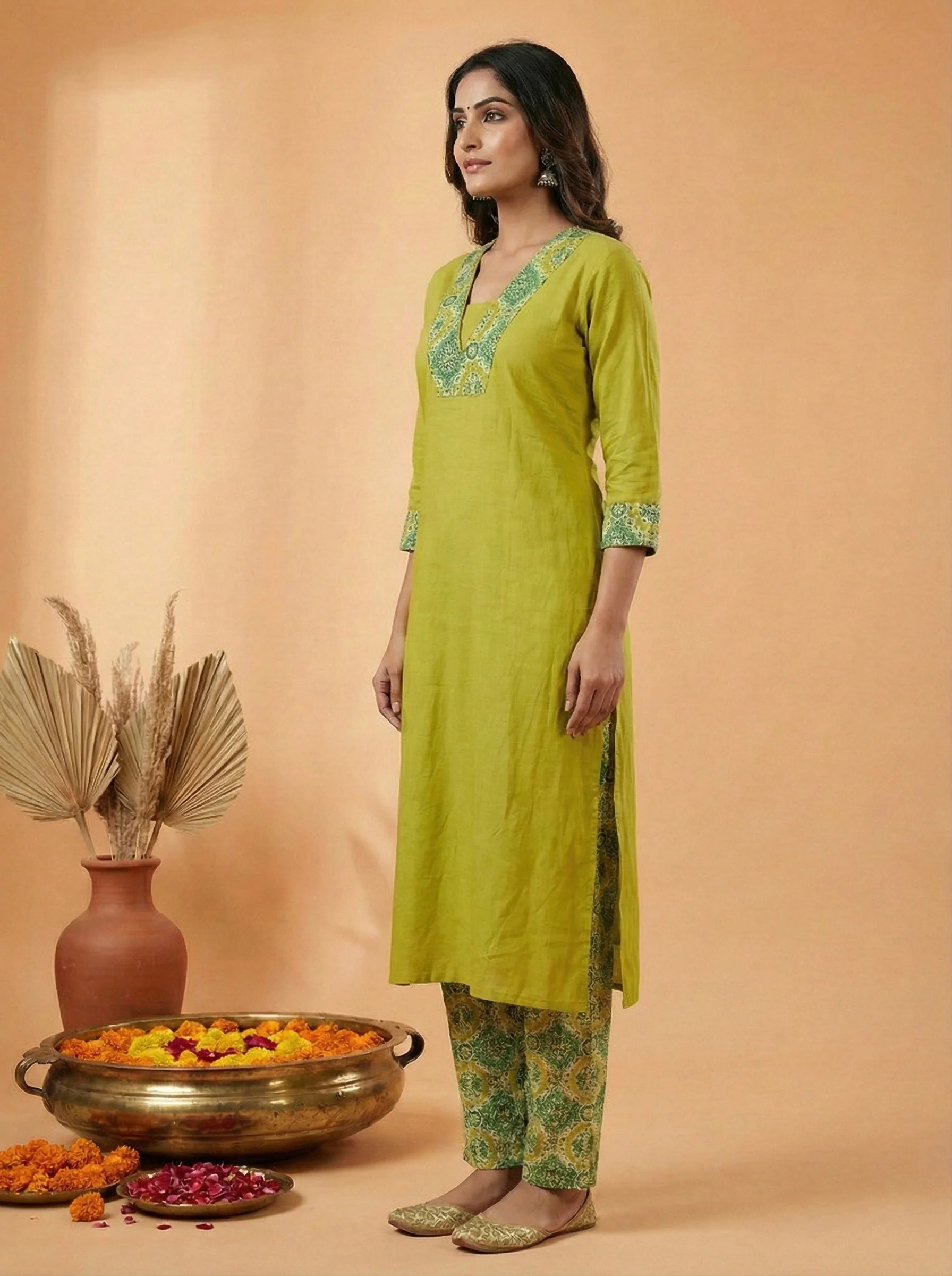 Green Dola Silk Hand Embroidered Two Piece Set - Image 2