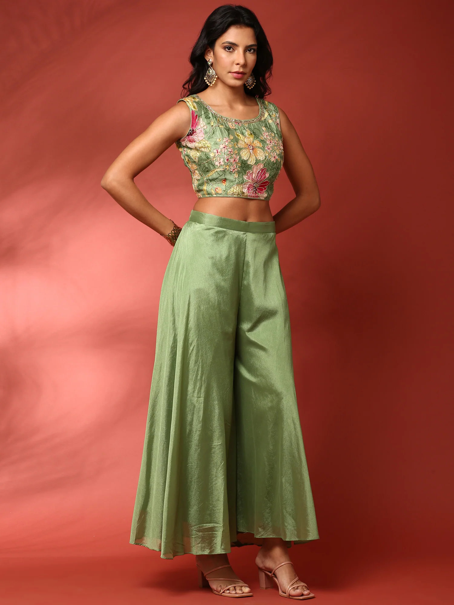 Green floral printed hand embroidered three piece jacket set - Image 2