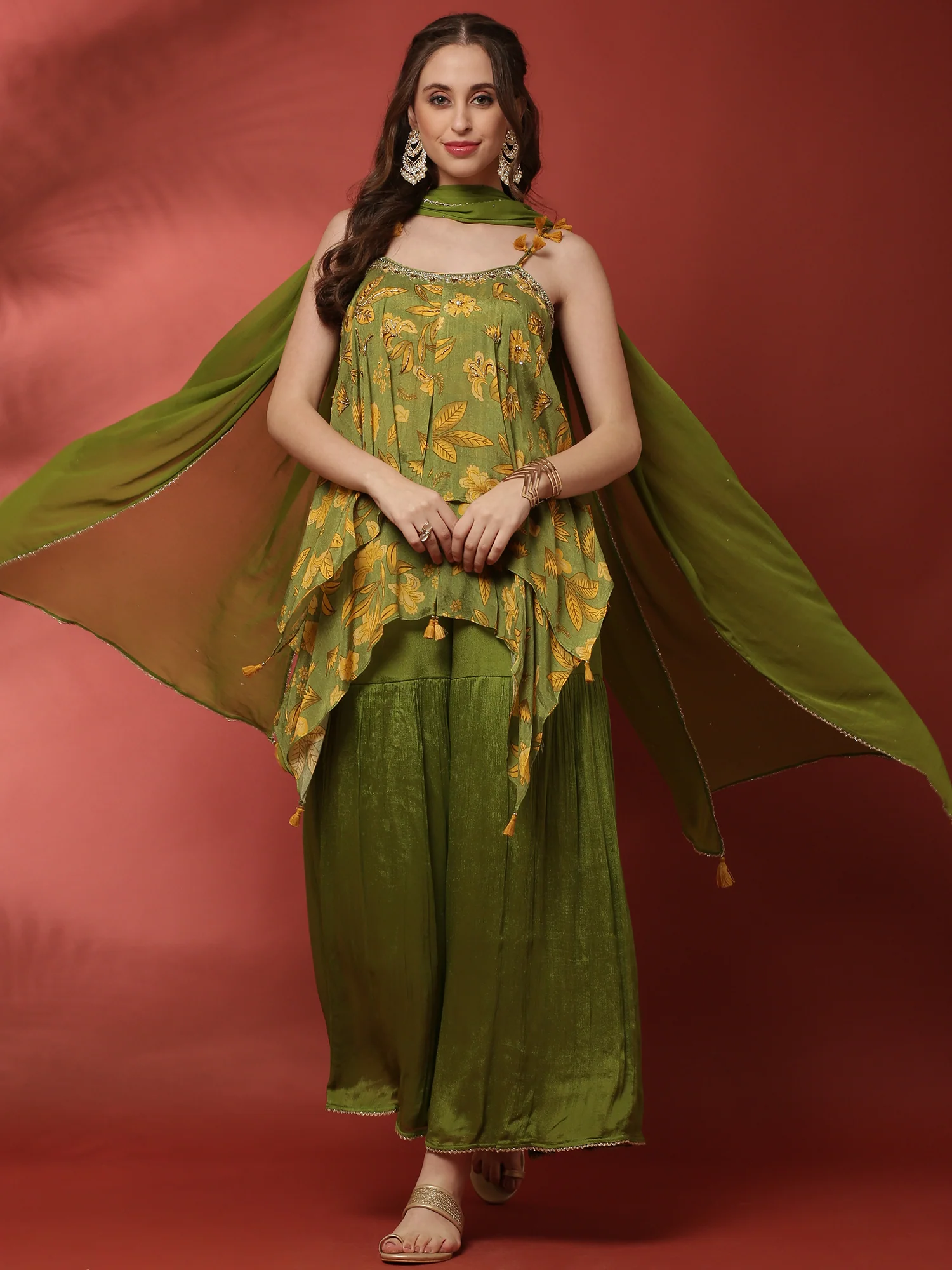 Green Geogrette Printed Peplum Palazoo Set With Spaghetti - Image 5