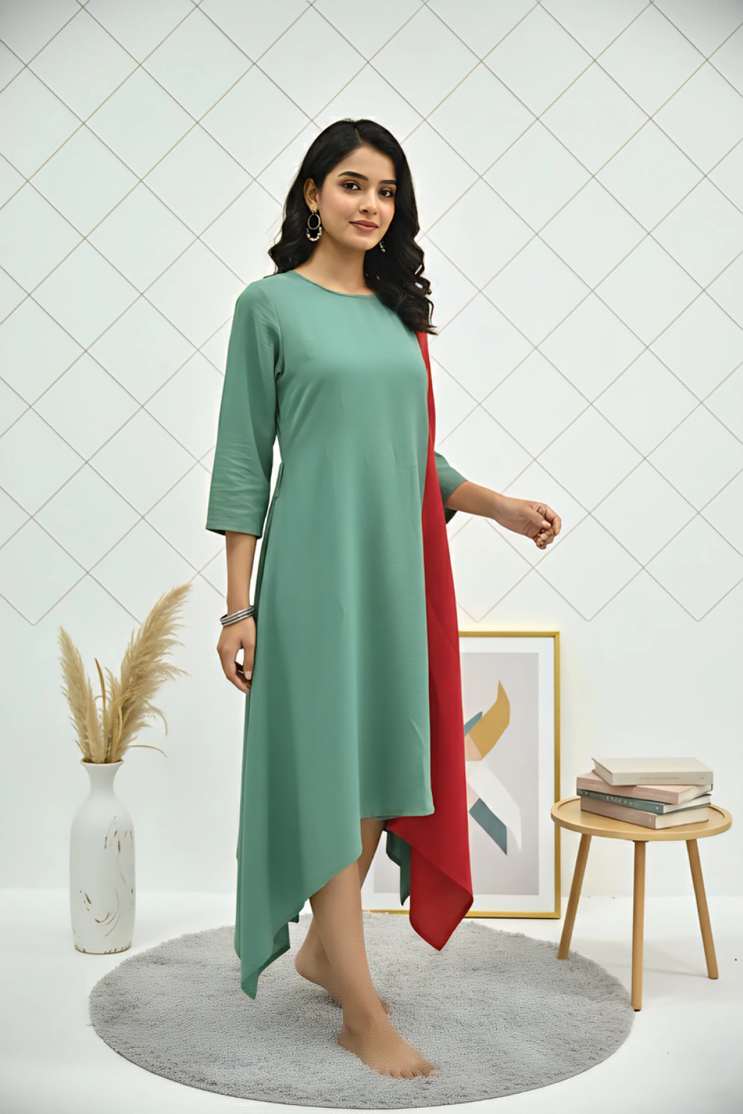 Green Georgette Solid Printed Kurta