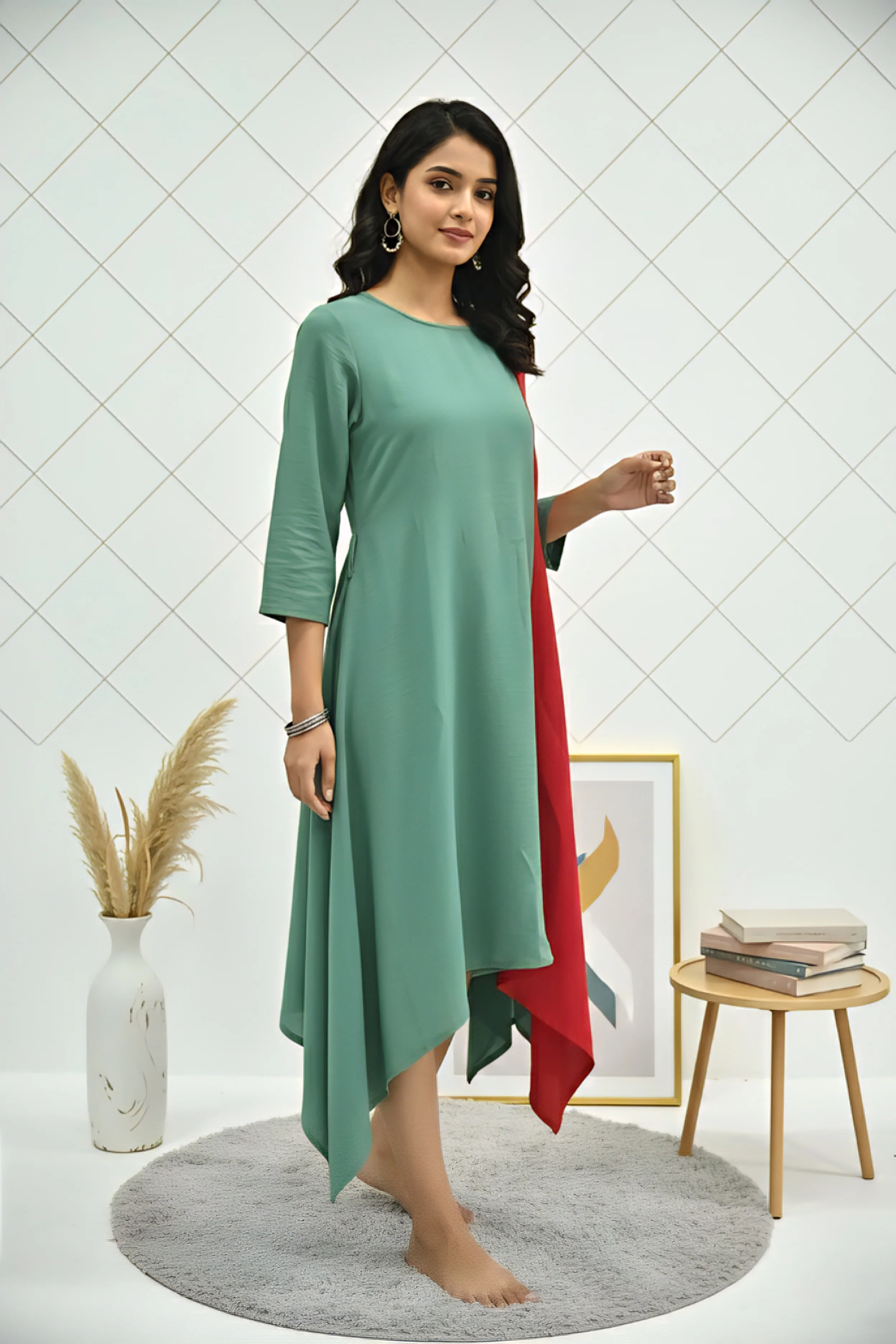 Green Georgette Solid Printed Kurta - Image 3