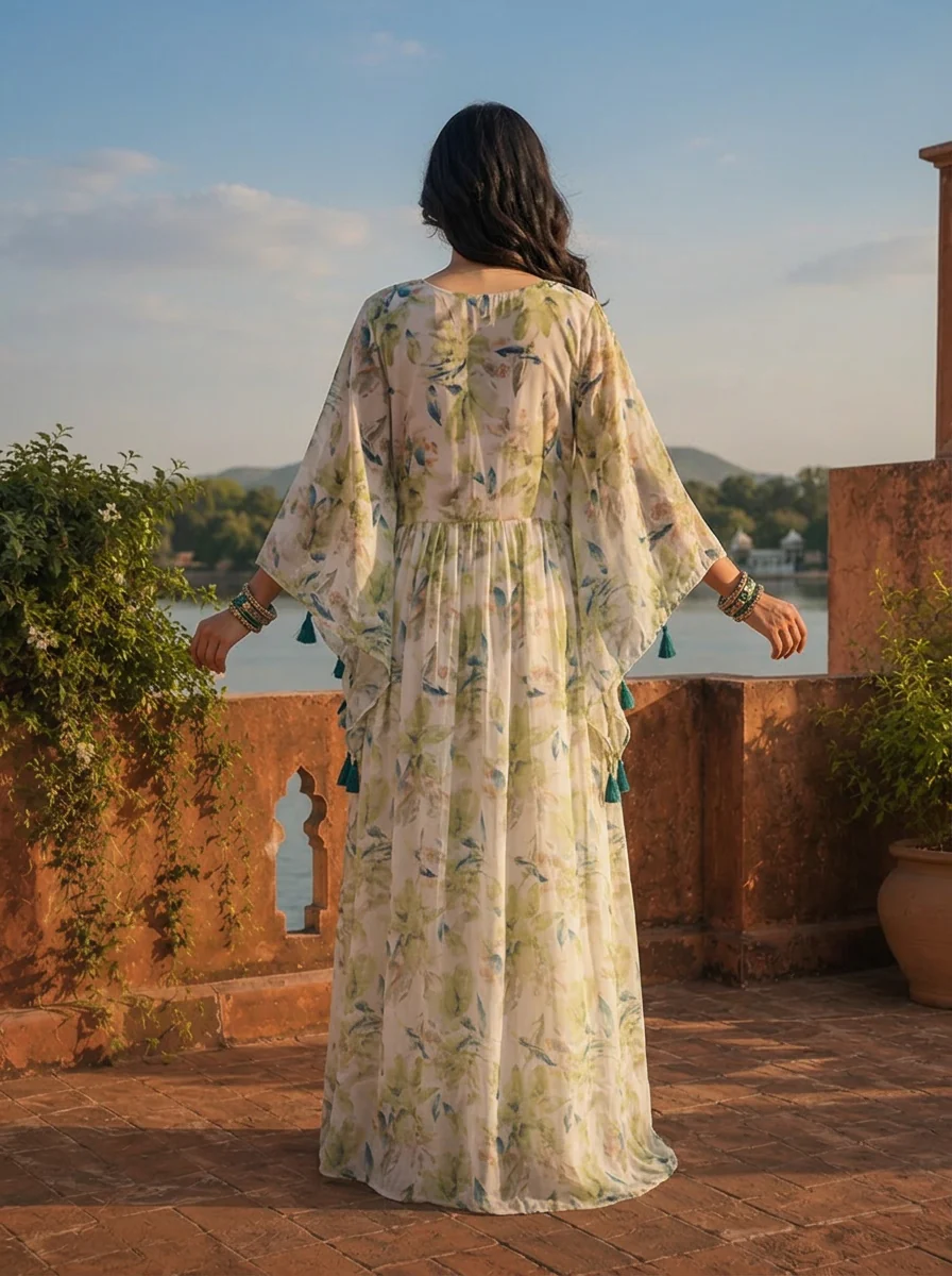 Green Georgette Watercolor Botanical Printed Dress - Image 2