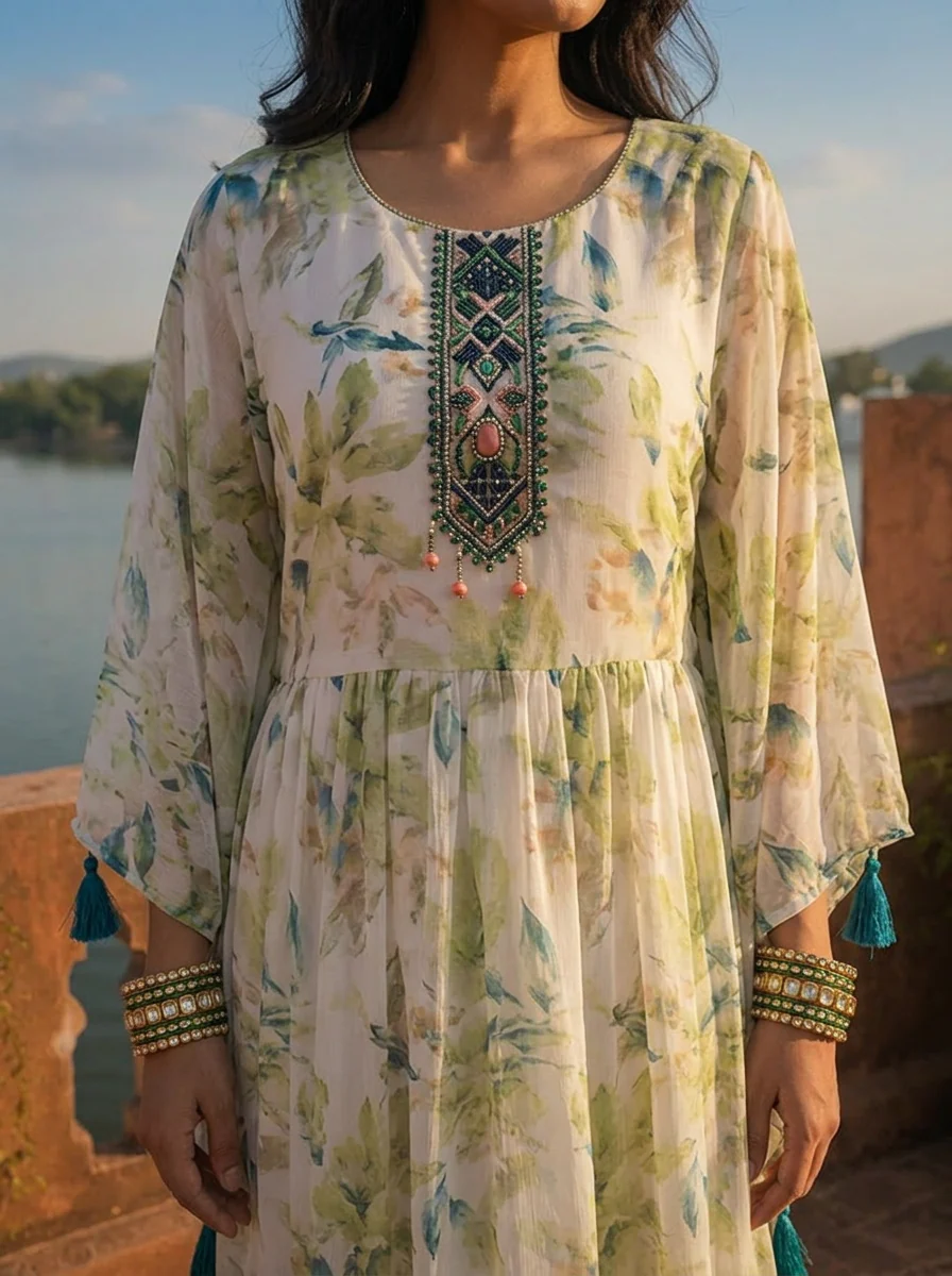 Green Georgette Watercolor Botanical Printed Dress - Image 4