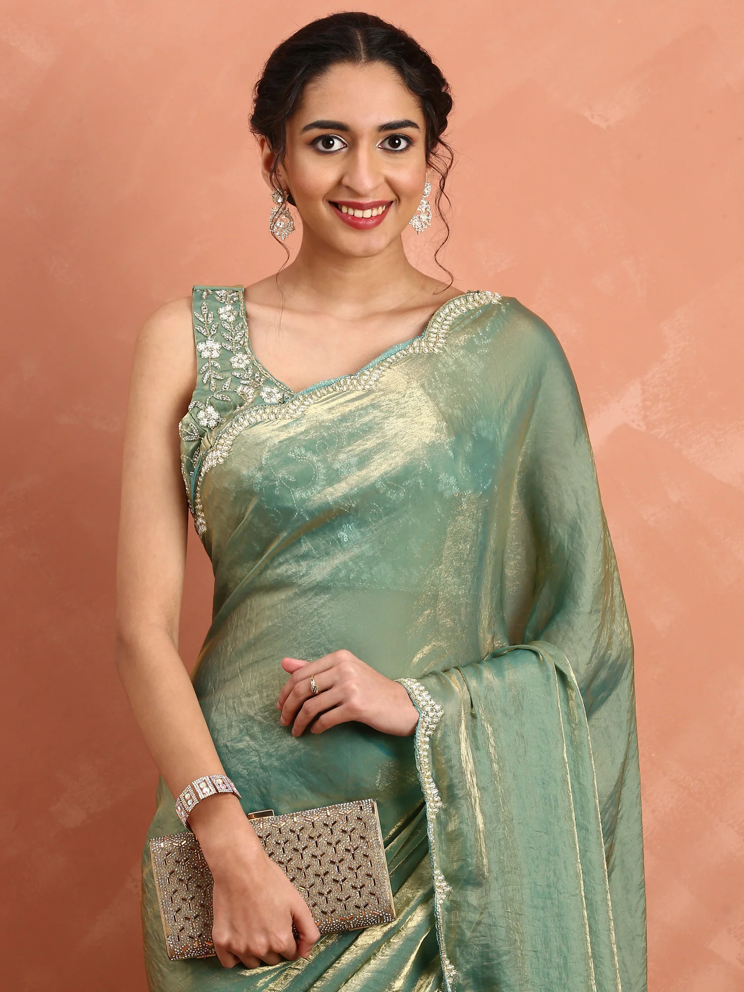 Green & gold Jimmy tissue saree with hand embroidery with ready made blouse - Image 3