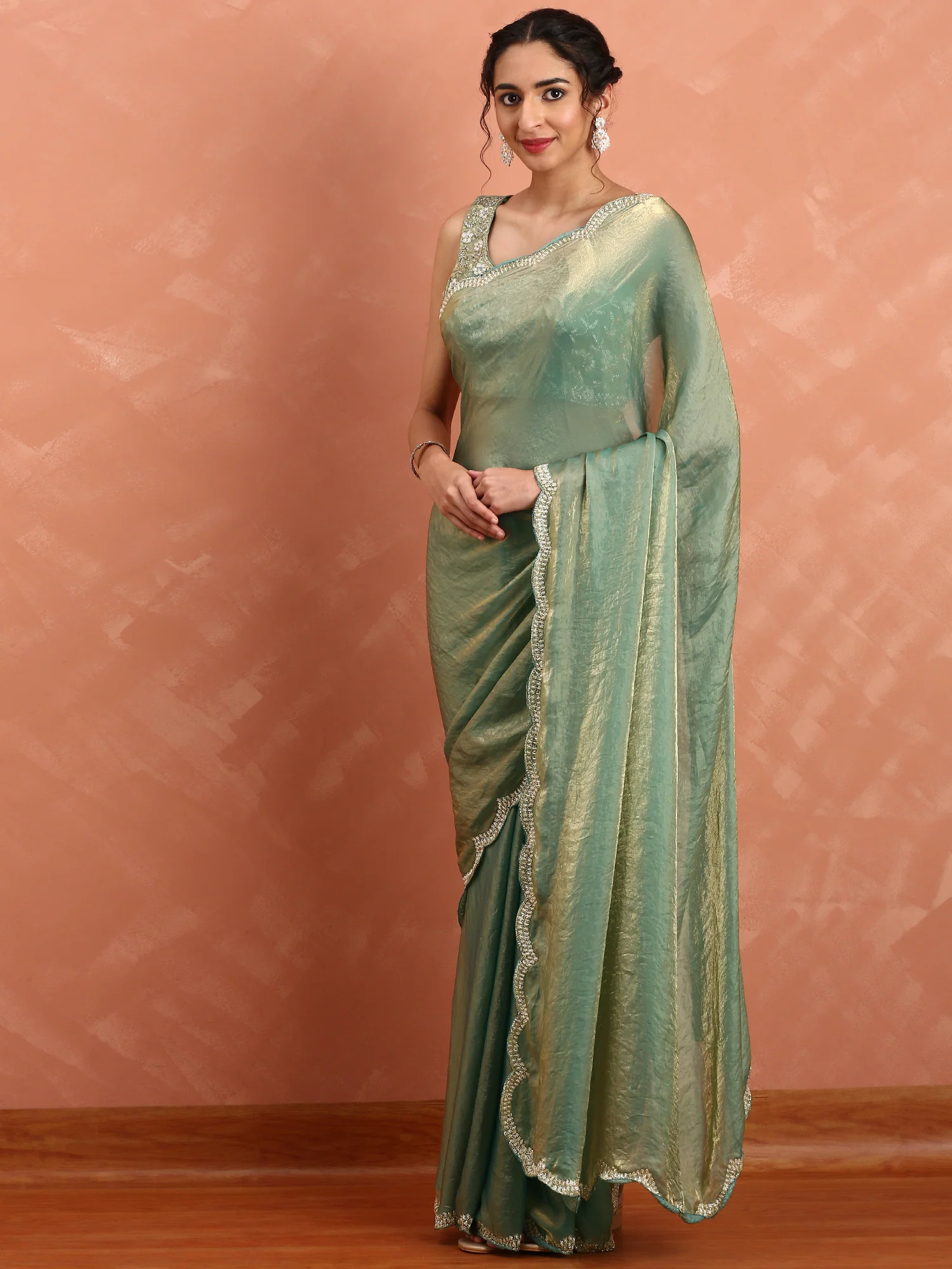 Green & gold Jimmy tissue saree with hand embroidery with ready made blouse - Image 4