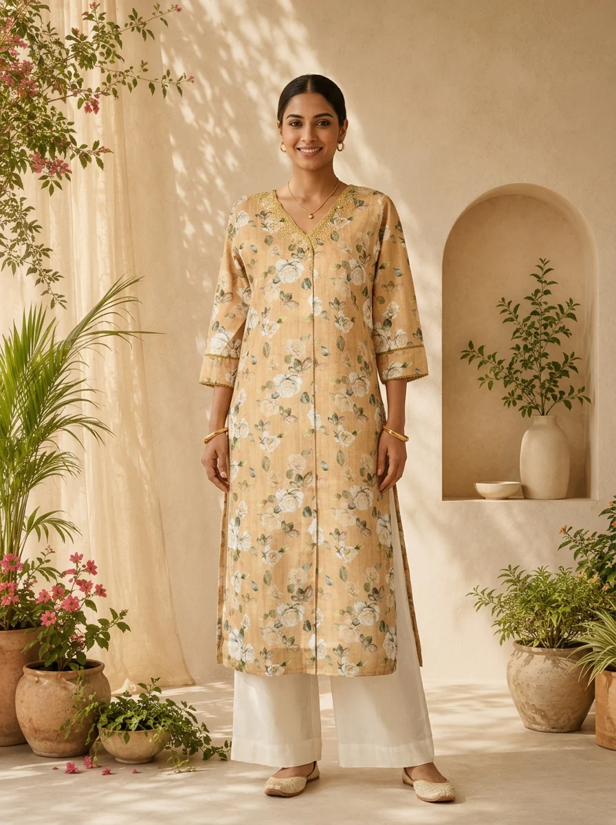 Green Heavy Floral Printed Linen Kurta - Image 2