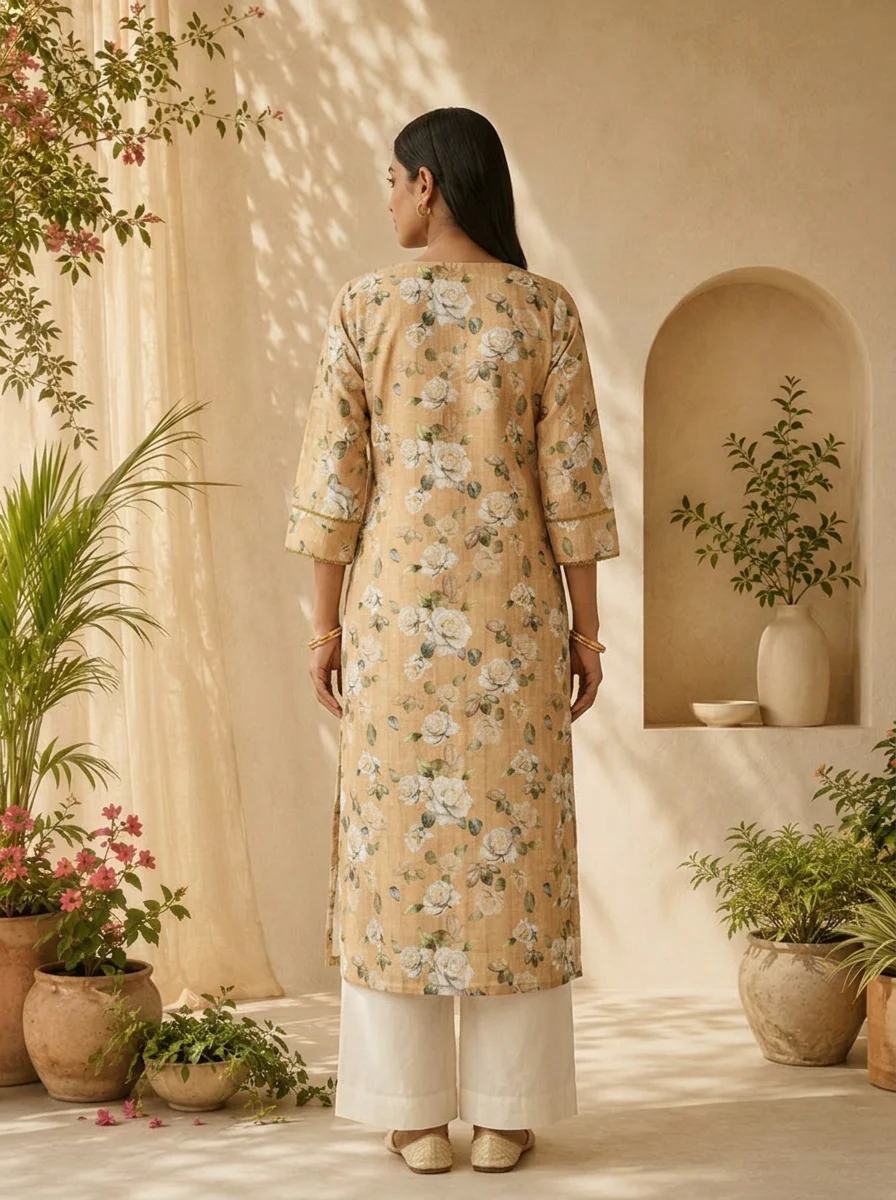 Green Heavy Floral Printed Linen Kurta - Image 3