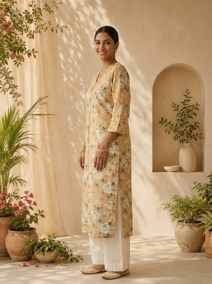 Green Heavy Floral Printed Linen Kurta - Image 4