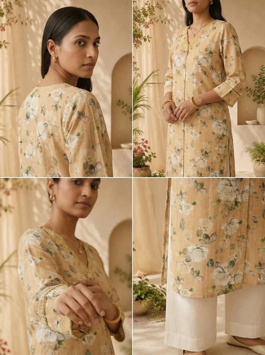 Green Heavy Floral Printed Linen Kurta - Image 5