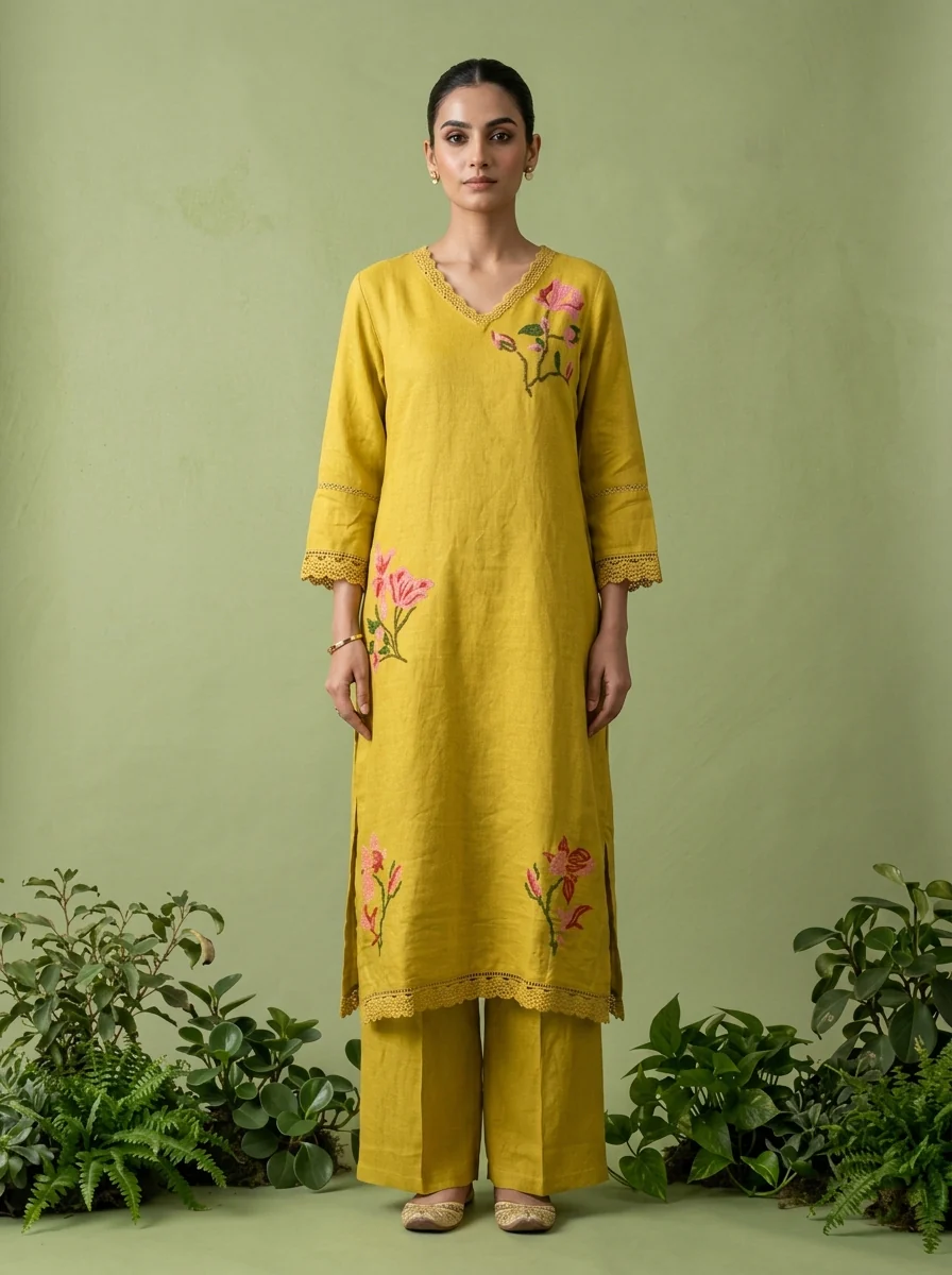 Green Linen Floral Thread Embroidered Two Piece Set - Image 2