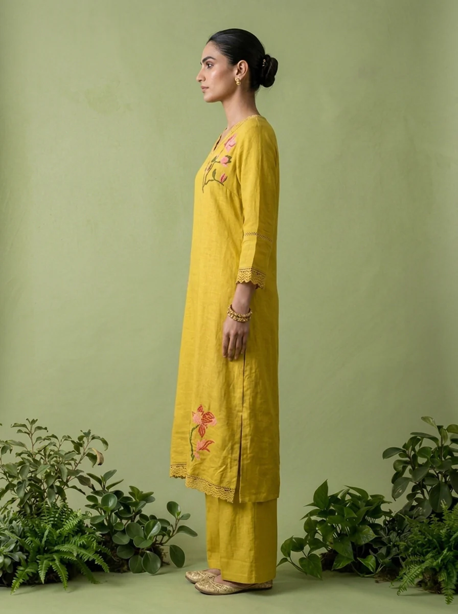 Green Linen Floral Thread Embroidered Two Piece Set - Image 3