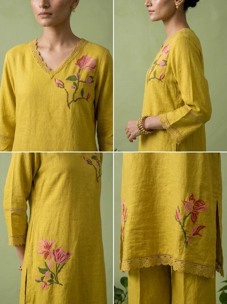 Green Linen Floral Thread Embroidered Two Piece Set - Image 6