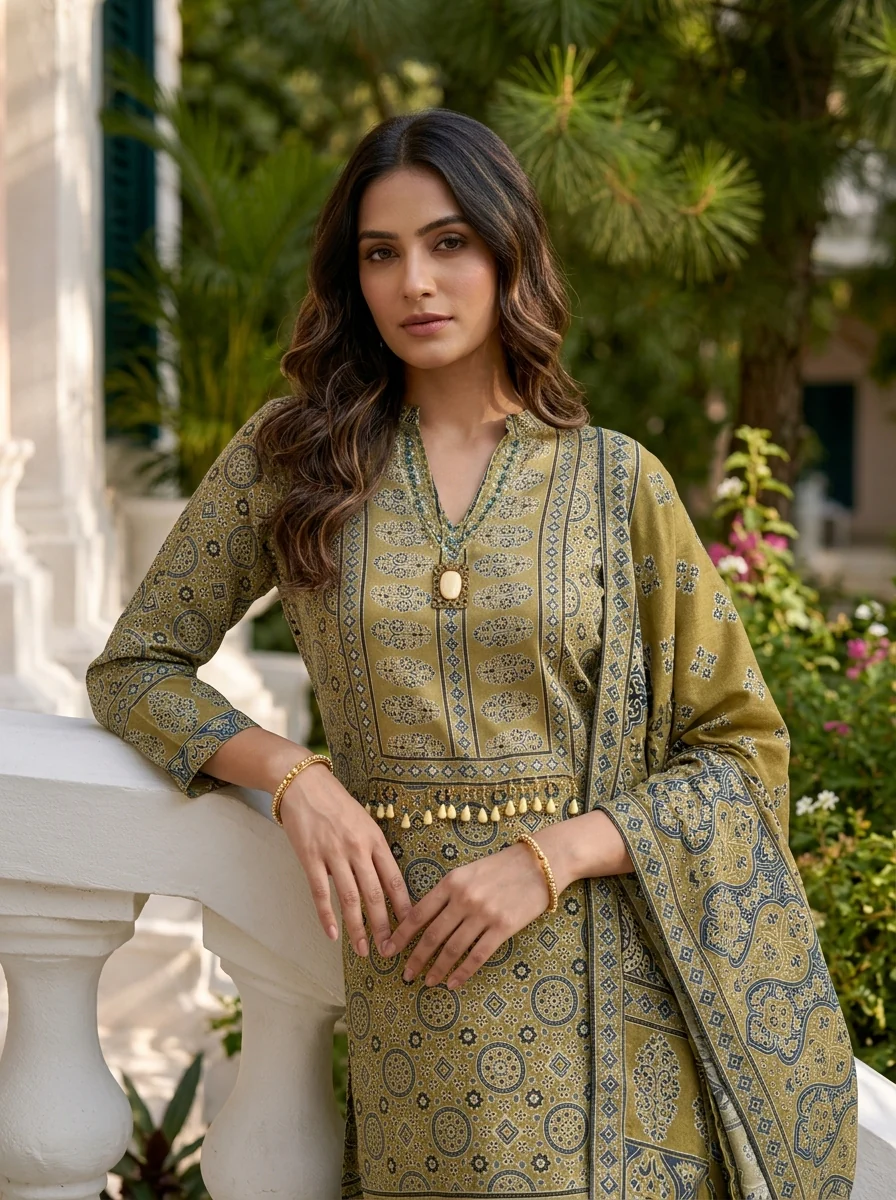 Green Muslin Ajrakh Printed Three Piece Set