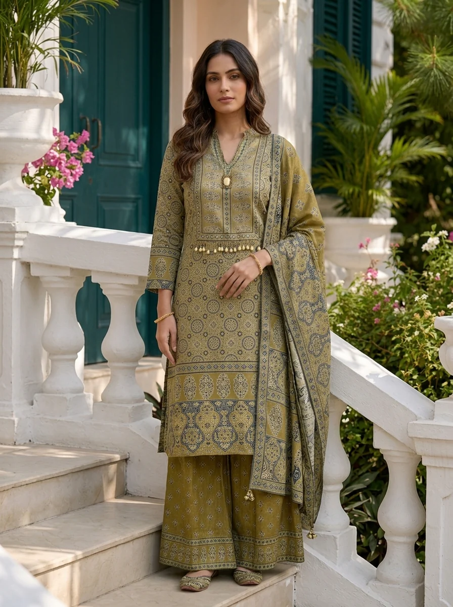 Green Muslin Ajrakh Printed Three Piece Set - Image 2