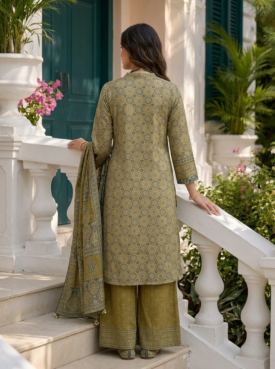 Green Muslin Ajrakh Printed Three Piece Set - Image 3