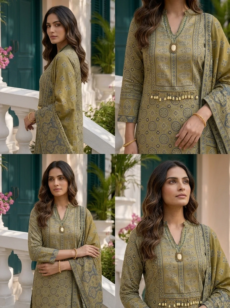 Green Muslin Ajrakh Printed Three Piece Set - Image 5