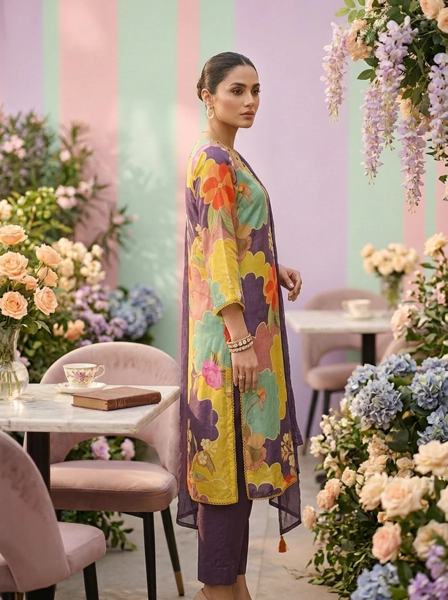 Green Muslin Floral Printed And Beads Embroidery Three Piece Set - Image 2