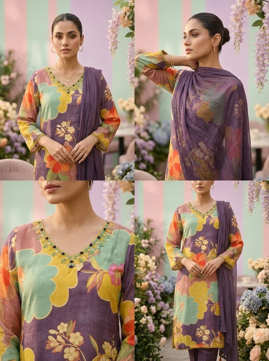 Green Muslin Floral Printed And Beads Embroidery Three Piece Set - Image 3