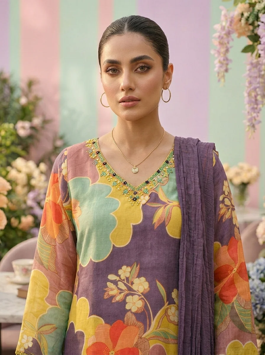 Green Muslin Floral Printed And Beads Embroidery Three Piece Set - Image 4