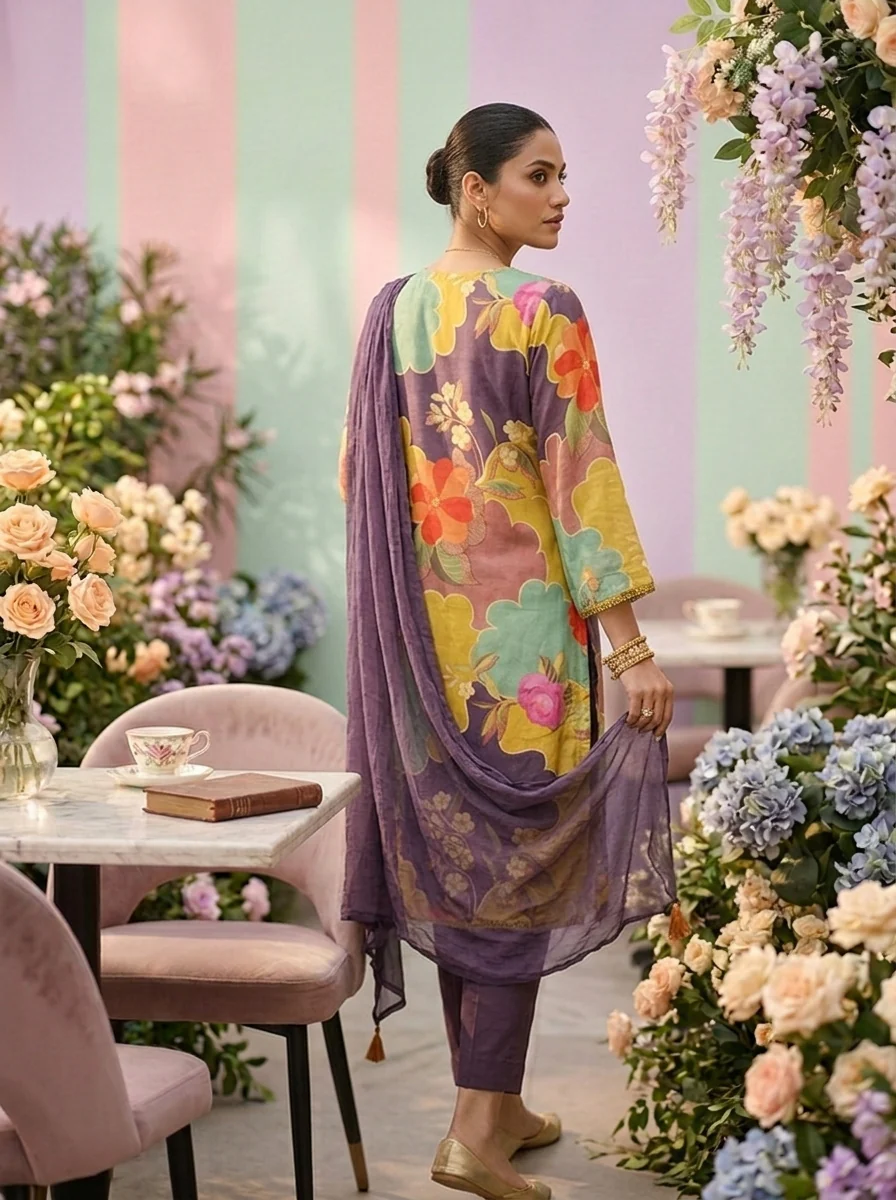 Green Muslin Floral Printed And Beads Embroidery Three Piece Set - Image 5