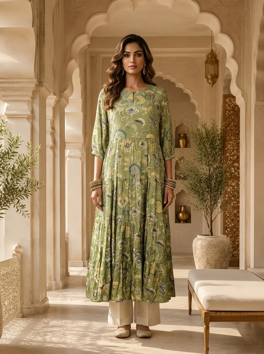 Green Muslin Floral Printed Long Dress - Image 2
