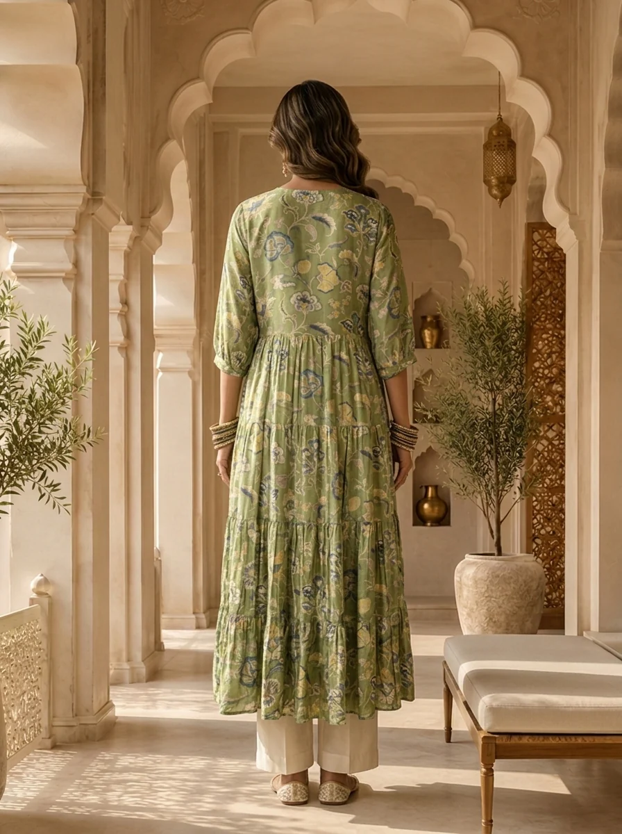 Green Muslin Floral Printed Long Dress - Image 3