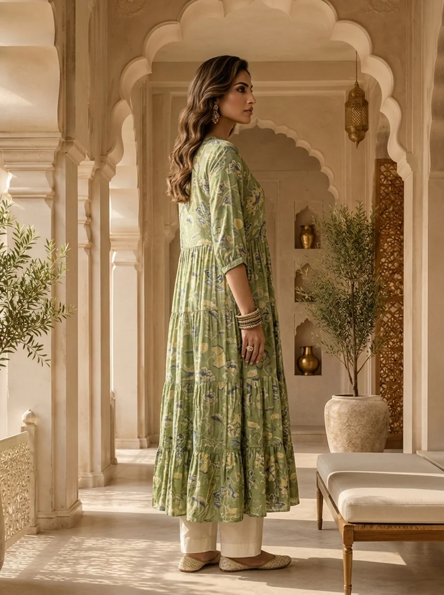 Green Muslin Floral Printed Long Dress - Image 4