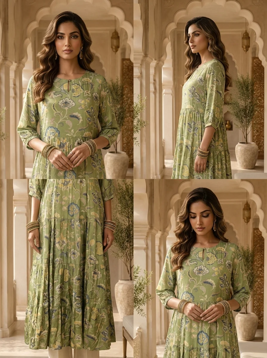 Green Muslin Floral Printed Long Dress - Image 5